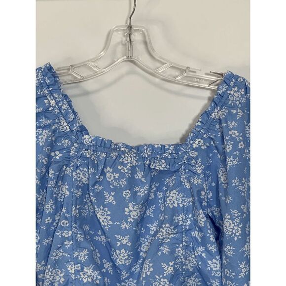 Speed Limit Womens Blouse Cropped Square Neck Drawstring Floral Blue Medium - Picture 4 of 9